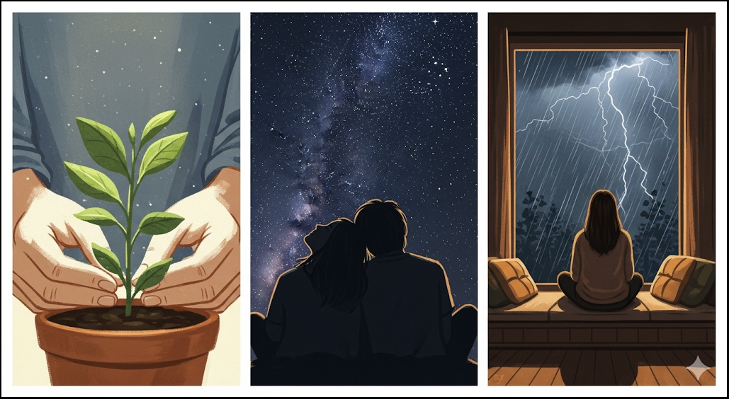 This is a triptych-style illustration, warm and full of hope. Three vertical panels are juxtaposed, each representing one of three ways to create meaning. Left panel: A pair of hands carefully tending to a thriving green plant, symbolizing "Creation and Work." Middle panel: Silhouettes of two people sitting intimately together, gazing up at the beautiful starry sky, symbolizing "Experience and Love." Right panel: A person calmly sitting in a comfortable indoor setting, looking out at a raging storm outside the window with a serene expression, symbolizing "Attitude Towards Suffering."