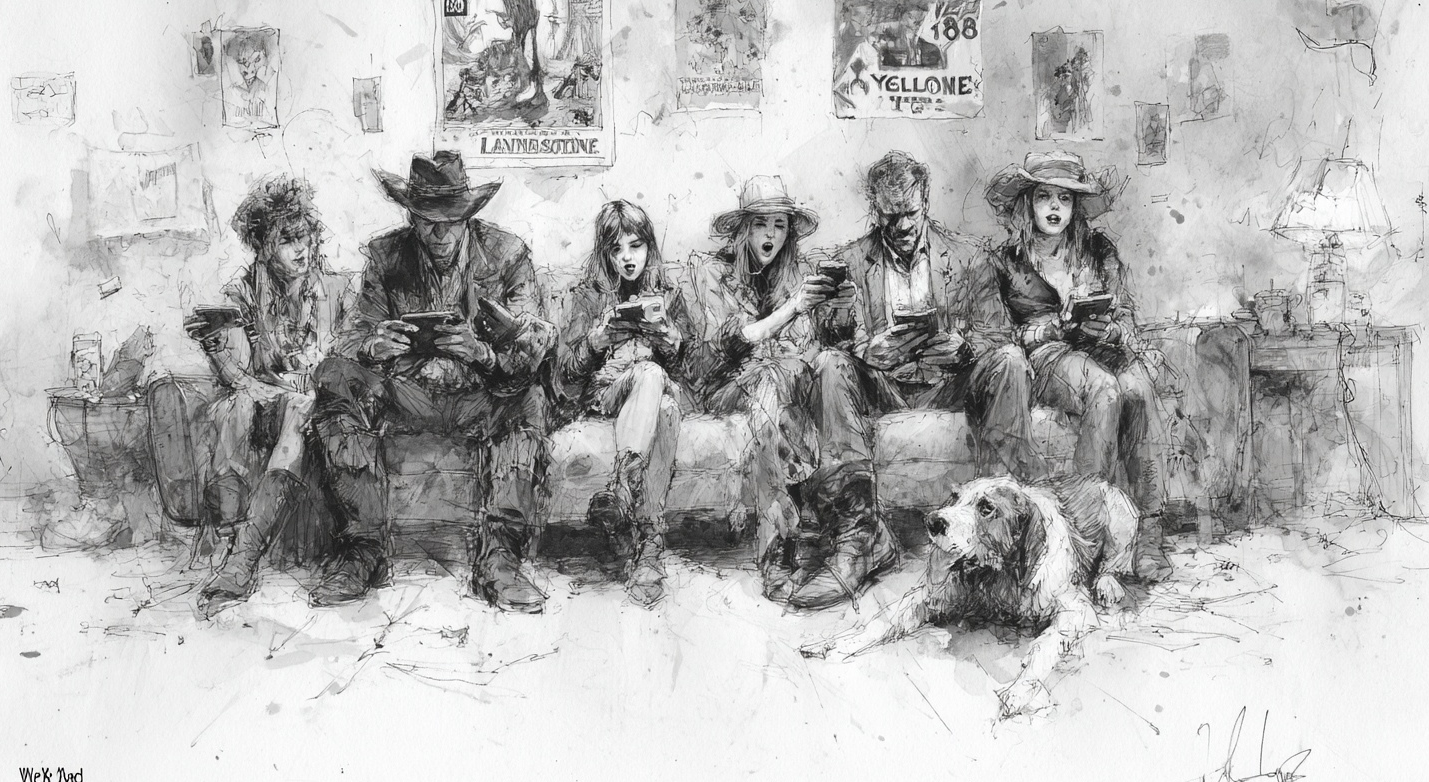 A group of men and women dressed in cowboy attire sit together in a modern living room, each absorbed in their smartphones and tablets, browsing social media. On the wall behind them hang posters of “Landman,” “1883,” and “Yellowstone.” In one corner, a dog wearing a cowboy hat adds a touch of Western Americana. The illustration is rendered in a clean, flowing line style, mostly in black and white, with the signature satirical and witty tone of The New Yorker. The characters display a range of expressions—some excitedly debating, others deep in thought, and a few in heated argument—capturing the cultural clashes and diverse perspectives found on social media.
