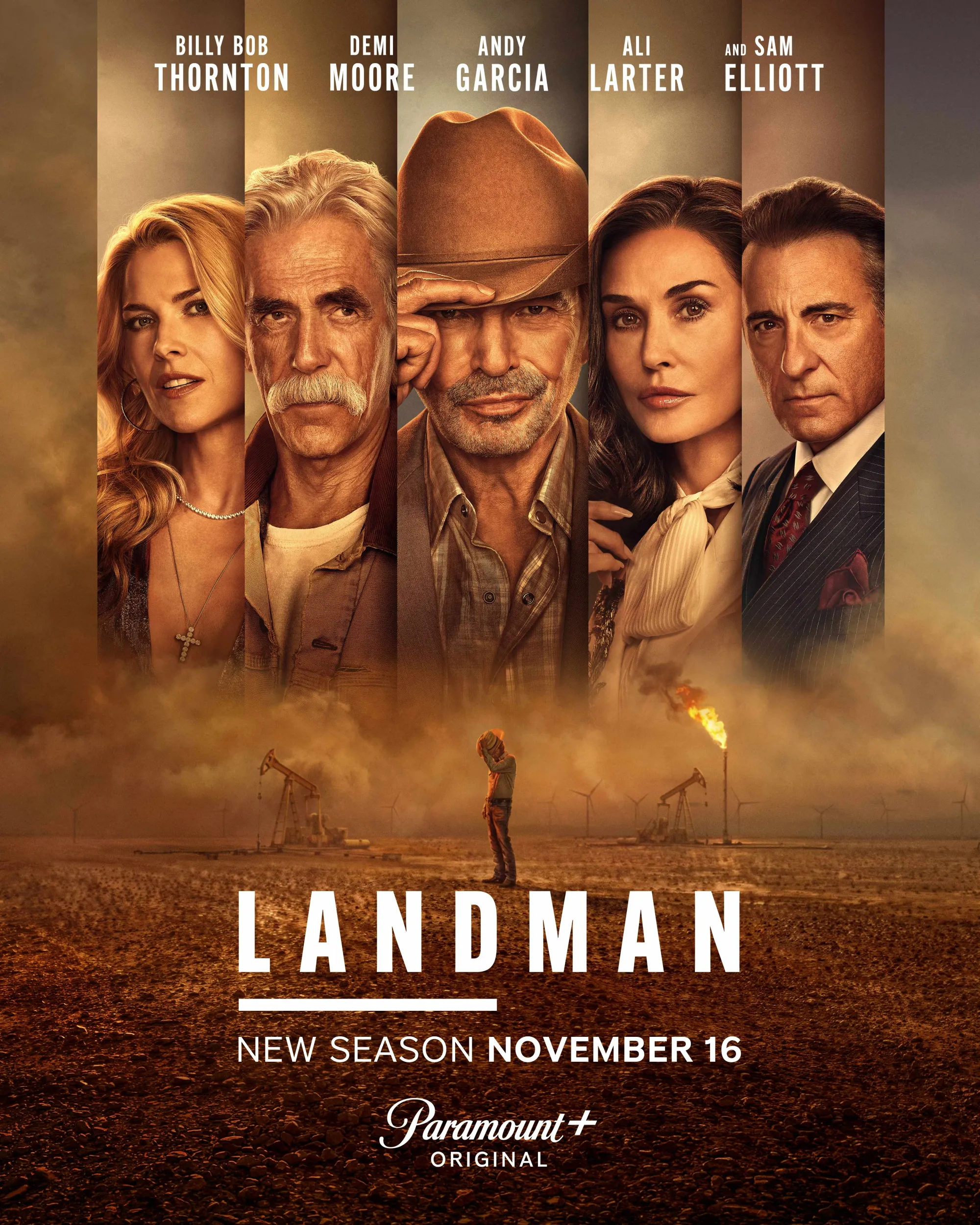 Official Season 2 ensemble poster featuring Billy Bob Thornton, Demi Moore, Andy Garcia, Ali Larter, and Sam Elliott against oil field imagery. The promotional material emphasizes the show's prestige production values and star power.
