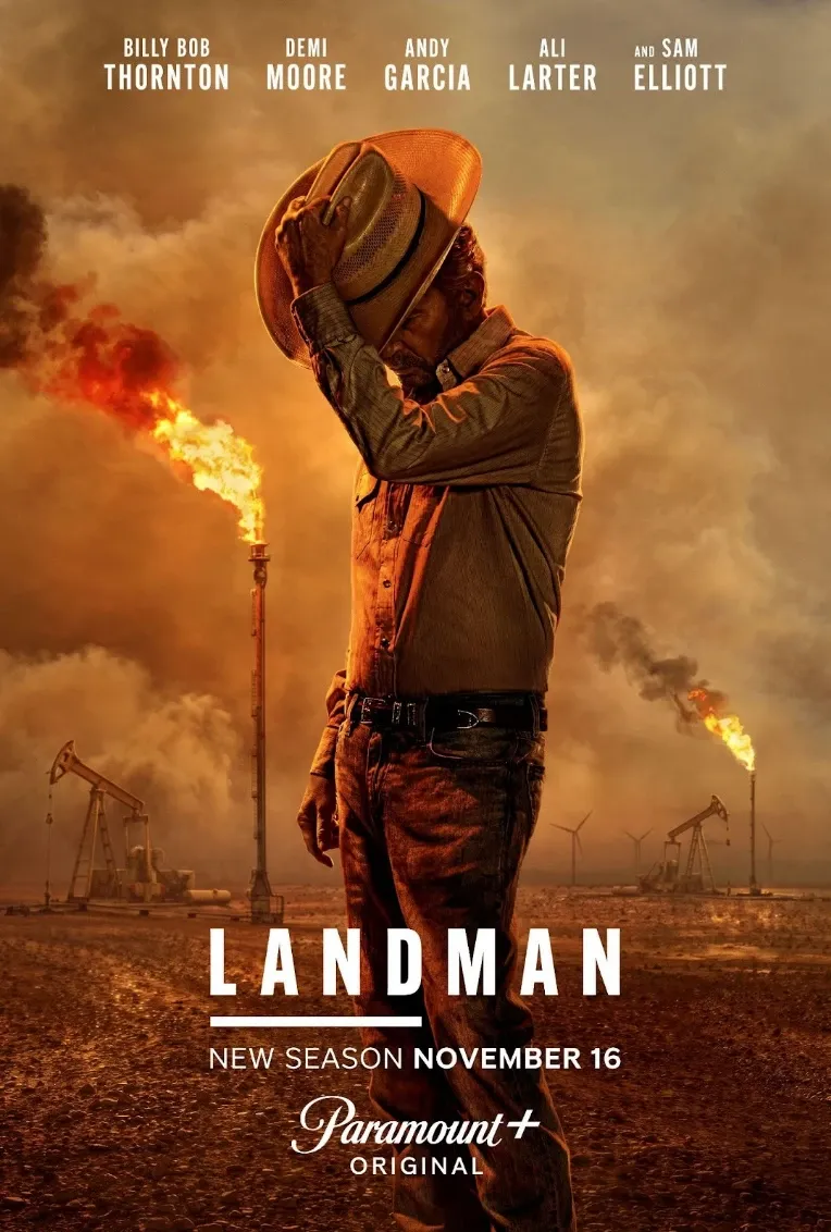 Season 2 promotional key art featuring silhouettes against massive oil rig flares—visual distillation of Landman's neo-Western industrial aesthetic. The burning flares evoke danger, chaos, and the environmental consequences the show acknowledges but rarely interrogates as systemic issues.