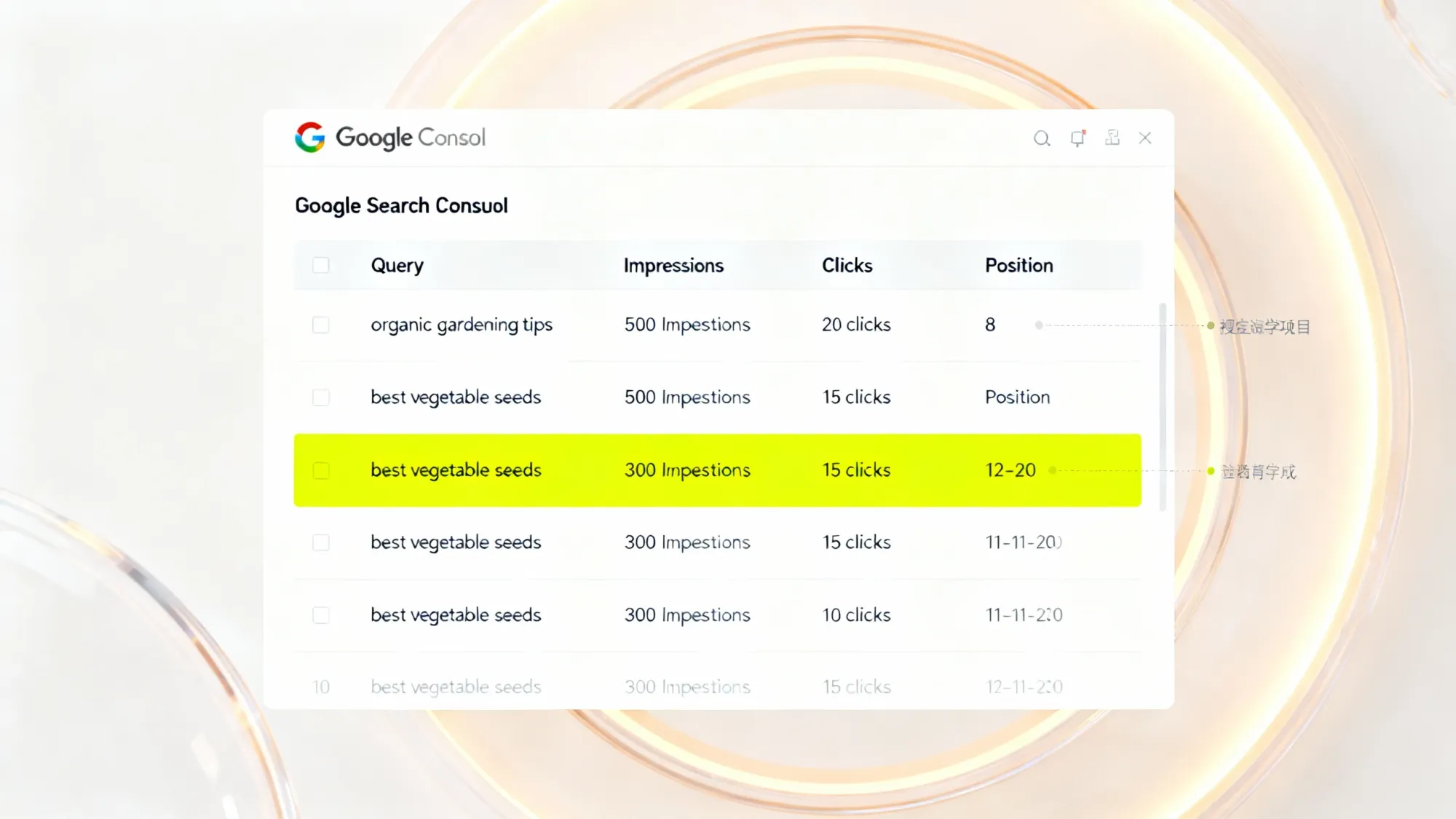 Figure 2: Keyword data in Google Search Console - focusing on keywords ranked 11-20 (highlighted in yellow), which are opportunity keywords with the most optimization potential