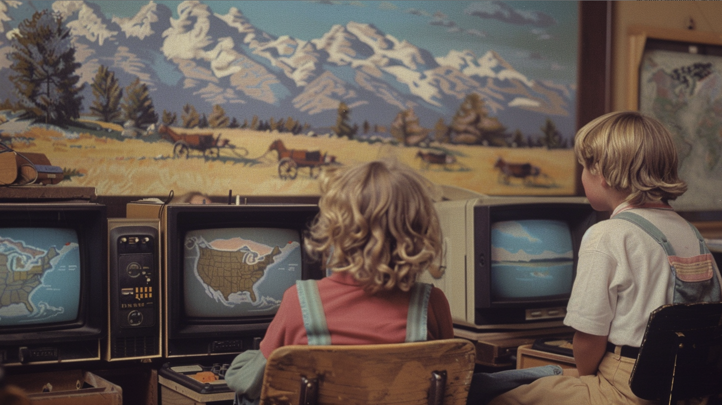 Children engaged with CRT computers playing "The Oregon Trail"
