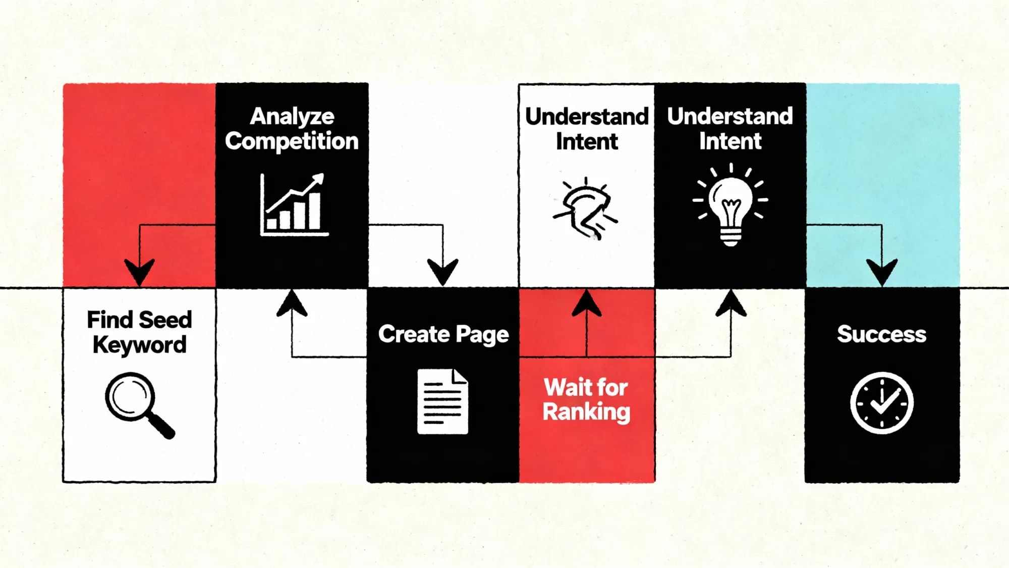 Figure 5: A complete SEO keyword practical process from the bad time simulator case - 6 key steps from keyword research to successful ranking