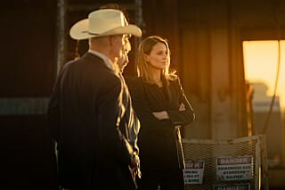 Nathan and Rebecca in a Landman oil-field scene