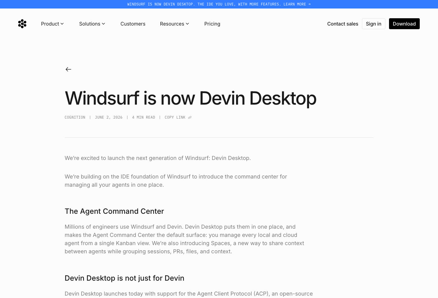 Devin 官方公告截图:Windsurf is now Devin Desktop