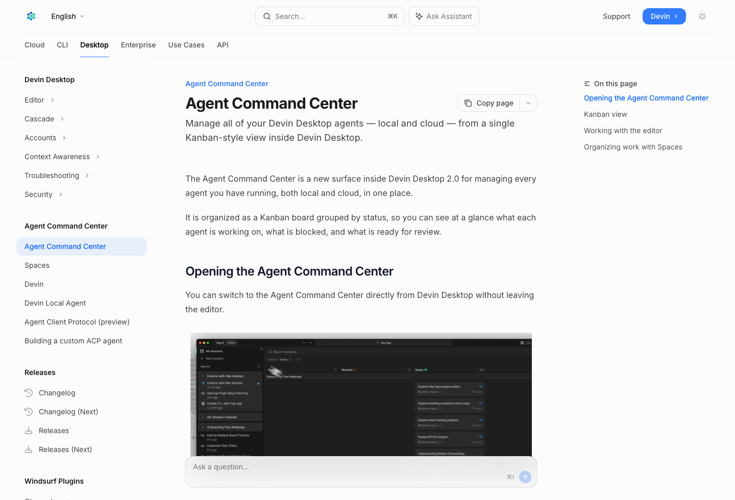 Devin 文档中 Agent Command Center 页面截图