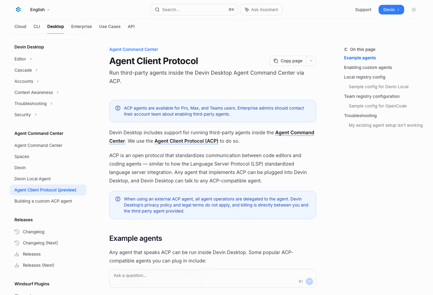 Devin 文档中 Agent Client Protocol 页面截图