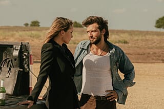 Guy Burnet as Charlie Newsom with Kayla Wallace as Rebecca Falcone in Landman Season 2 Episode 6