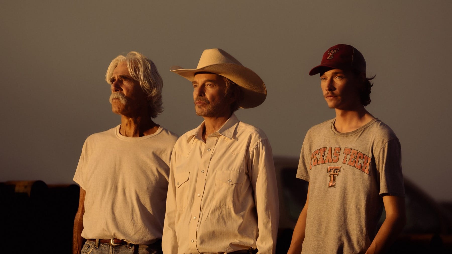 Sam Elliott as T.L., Billy Bob Thornton as Tommy, and Jacob Lofland as Cooper in the Landman Season 2 finale