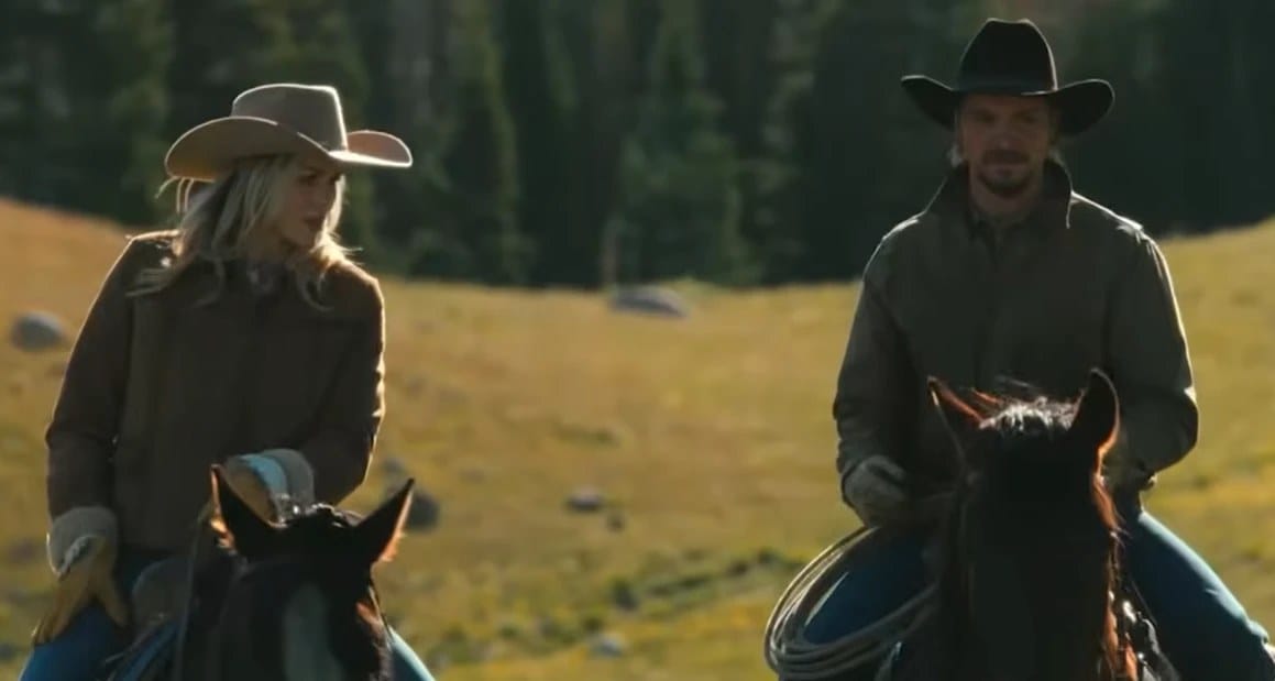 Two riders on horseback in a mountain meadow in Marshals Season 2 footage.